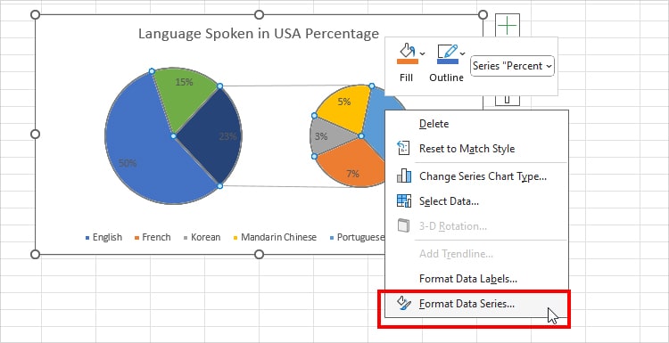 Right-click on Pie Slice and choose Format Data Series