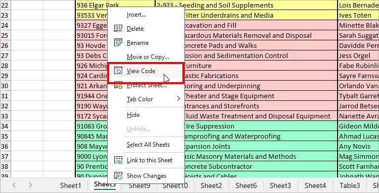 Right-click on the Sheet Name - View Code