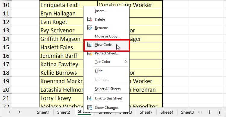 Right-click on the Sheet name and choose View Code