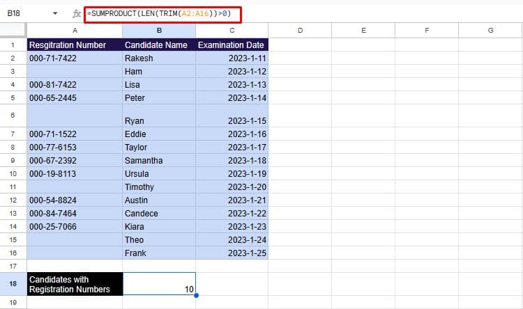 SUMPRODUCT to count non blank cells