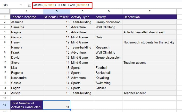 Subtract blank cells from total count