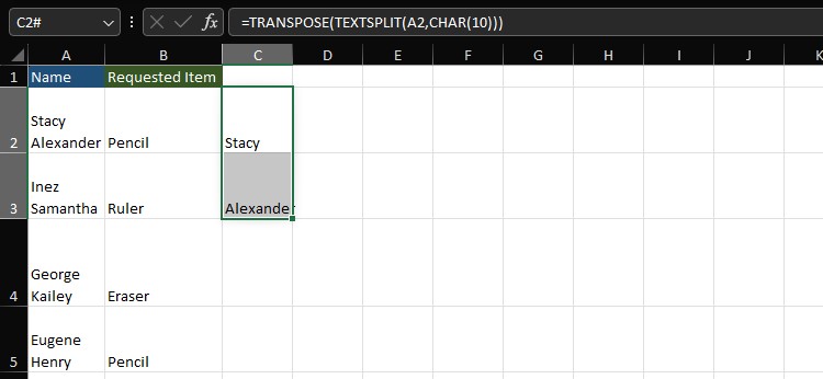 TRANSPOSE and TEXTSPLIT