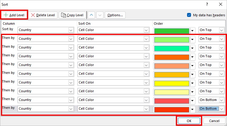Add Level and specify Sort Colour, Order