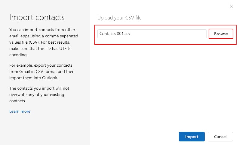Browse-and-open-CSV-file-to-import-to-Outlook-contacts