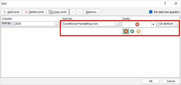 select the Conditional Formatting Icon in Sort On