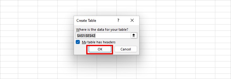 tick My Table has Headers and hit OK