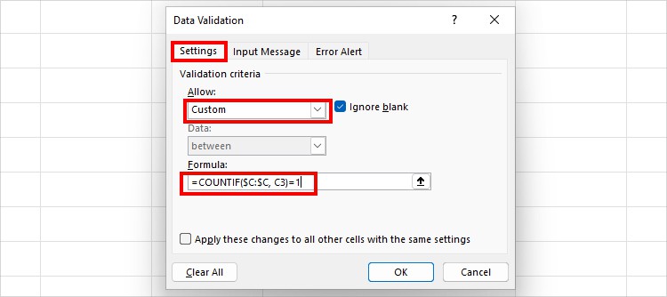 Custom formula in Settings Tab -Data Validation