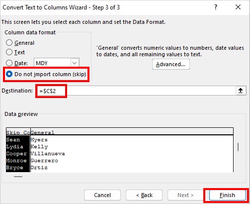 choose Do not import column and hit Finish