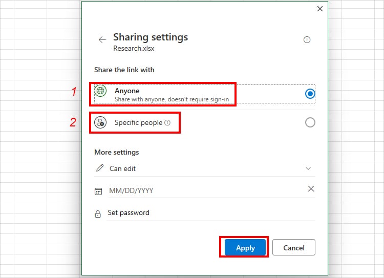 set your options in the Sharing settings window and click Apply